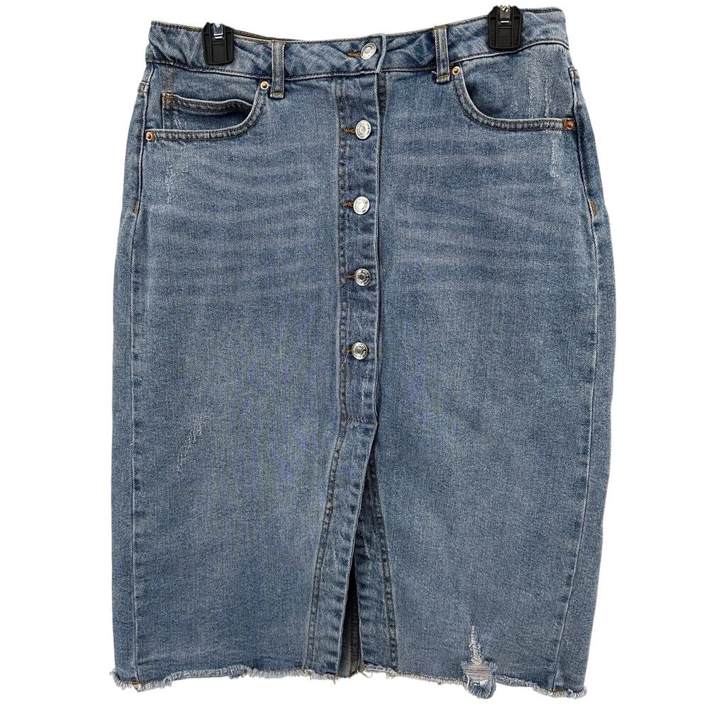 Wild Fable Jean Skirt SZ 10 Medium Acid Wash Denim Distressed Stretch Front Slit
